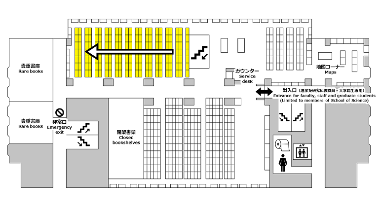 理学図書館4階　一般図書　2段目がアルファベット