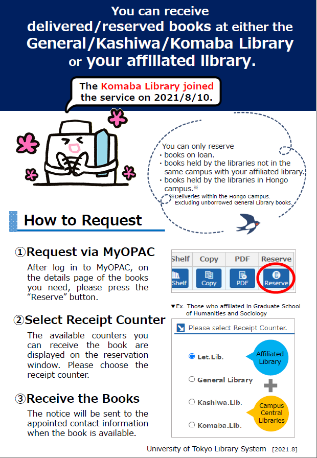 You can receive delivered/reserved books at the Komaba Library.